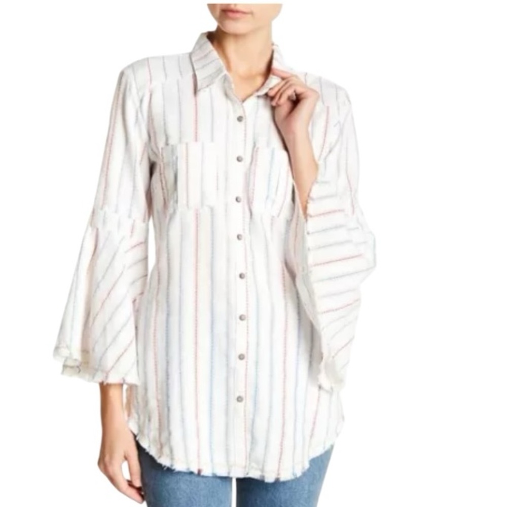 Aratta Silent Journey size XL white striped multi media button down shirt